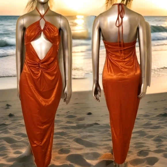 PrettyLittleThing Dresses & Skirts - NWOT PLT Orange Metallic Midaxi Cut Out Slip Beach Dress Sz 8